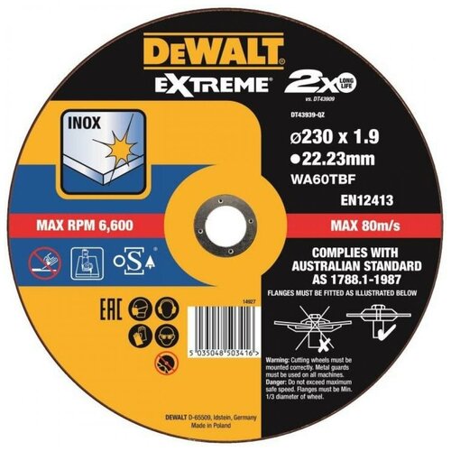 Круг отрезной по металлу и нержавейке 230х1,9 мм EXTREME DeWalt DT43939, 1295353