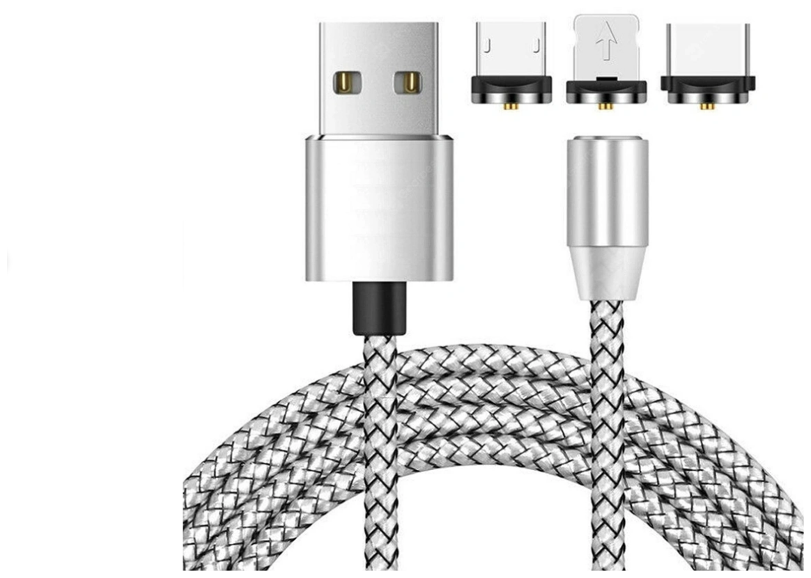 Кабель Магнитный зарядки 3-в-1 (microUSB + type-C + Lightning)для iPhone/Xiaomi/Samsung/1001 мм Серебристый