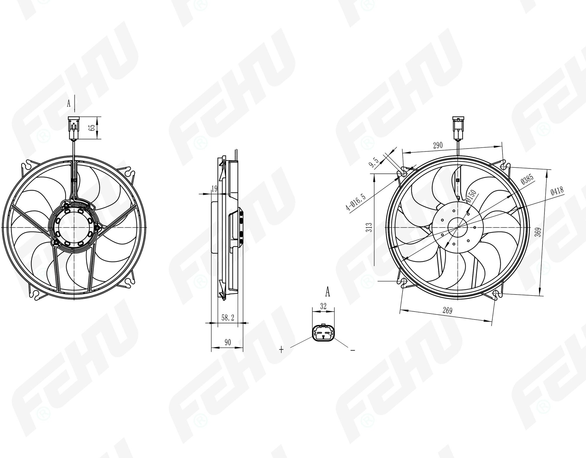 Электровентилятор охлаждения FEHU (феху) с кожухом Peugeot/Citroen 307 (00-)/308 (07-)/C4 (04-)/Пежо/Ситроен арт.