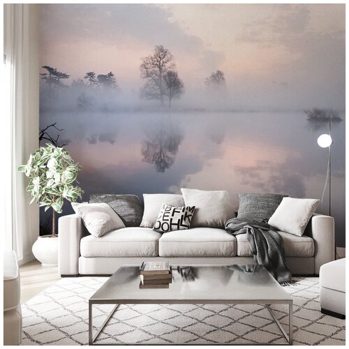 Фотообои 3D Туманная дымка над озером 300х270 ШхВ Фотообои 3D на стену флизелиновые 300х270 Фотообои в гостиную спальню зал кухню с озером Обои виниловые на флизелиновой основе с лесом озеро лес 7250₽