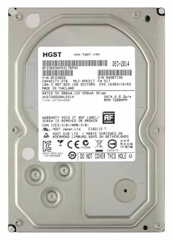 3.5" жесткий диск HGST Ultrastar 7K6000 (HUS726020ALE614) 2ТБ, 7200Об/мин, 128МБ
