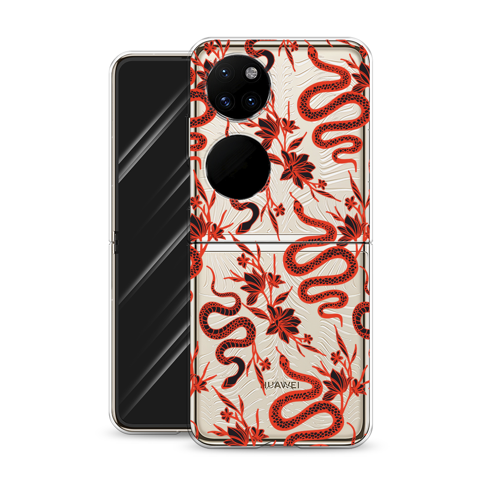 Чехол на Huawei P50 pocket / Хуавей П 50 Покет с принтом Цветы и змеи красные 2, прозрачный — фото 1