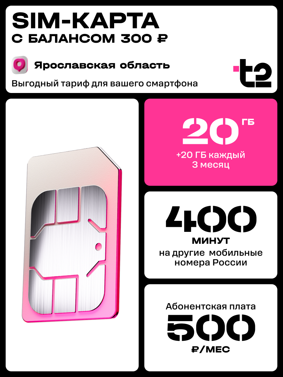 Sim-карта t2 для Ярославской области, баланс 300 рублей