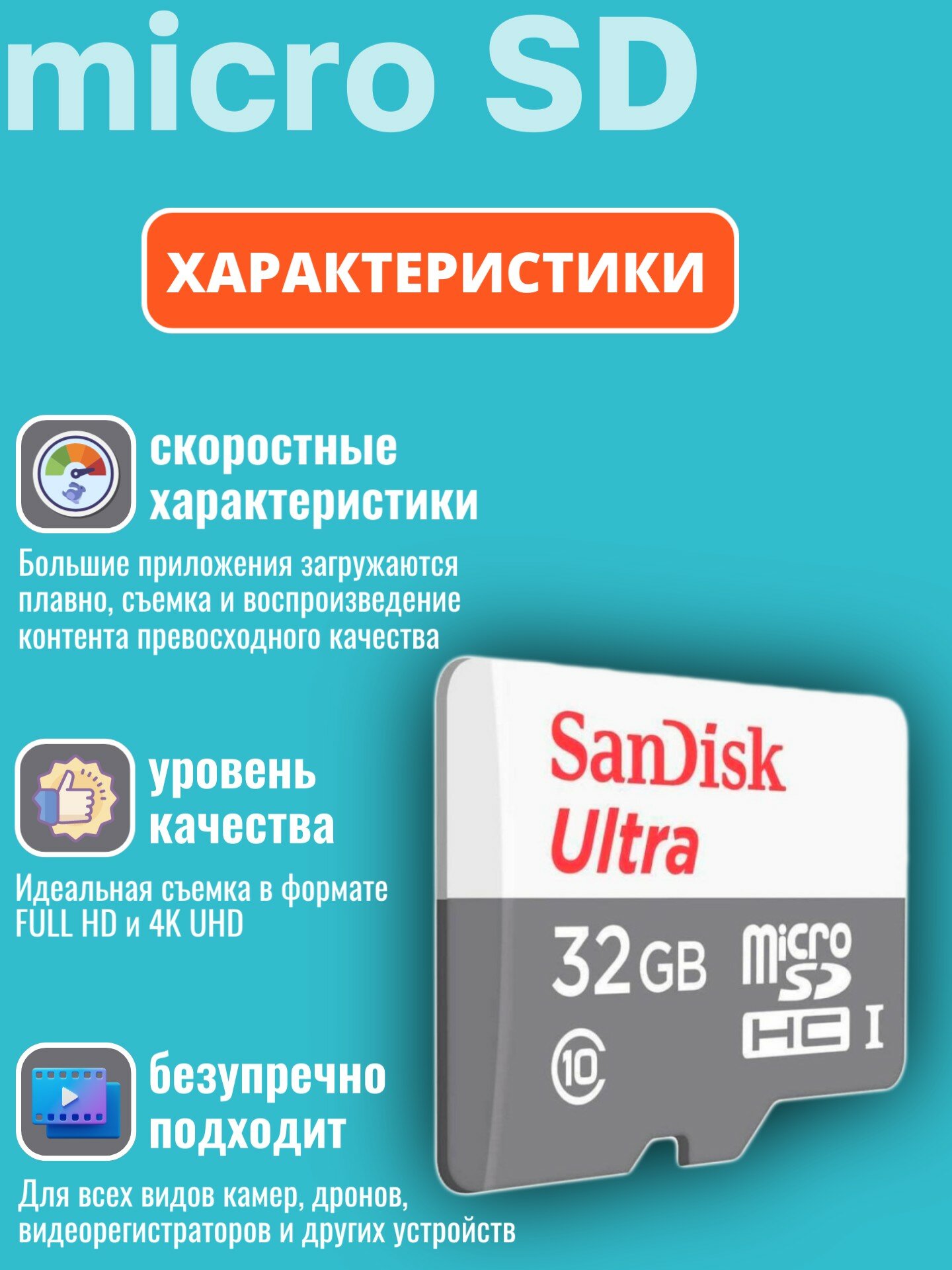 Карта памяти SanDisk Ultra micro SDHC 32GB Class 10 UHS-I (100/10 MB/s) — фото 1