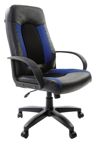 Кресло руководителя BRABIX Strike EX-525 экокожа черная, ткань черная/синяя TW