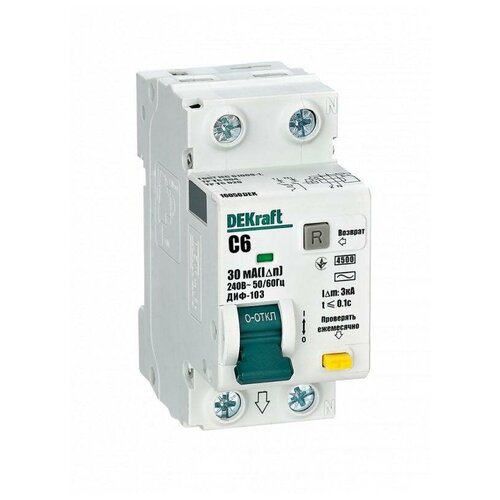 Выключатель автоматический дифференциального тока АВДТ 1Р+N 6А 30мА тип AC х-ка C ДИФ-103 4.5кА 16050DEK DEKraft (3шт.)