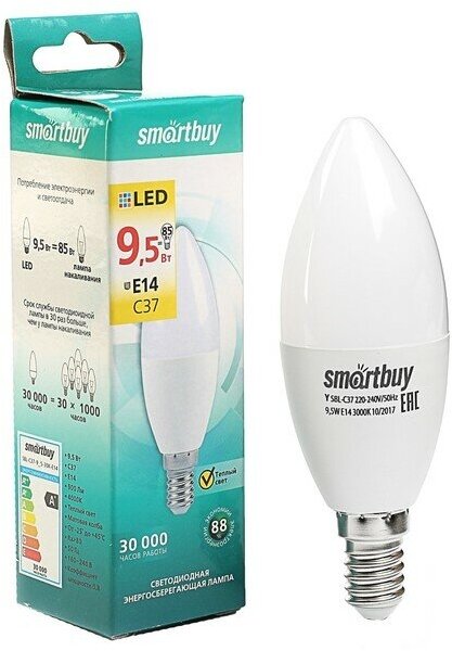 Smartbuy Лампа светодиодная Smartbuy, Е14, C37, 9.5 Вт, 3000 К, теплый белый свет