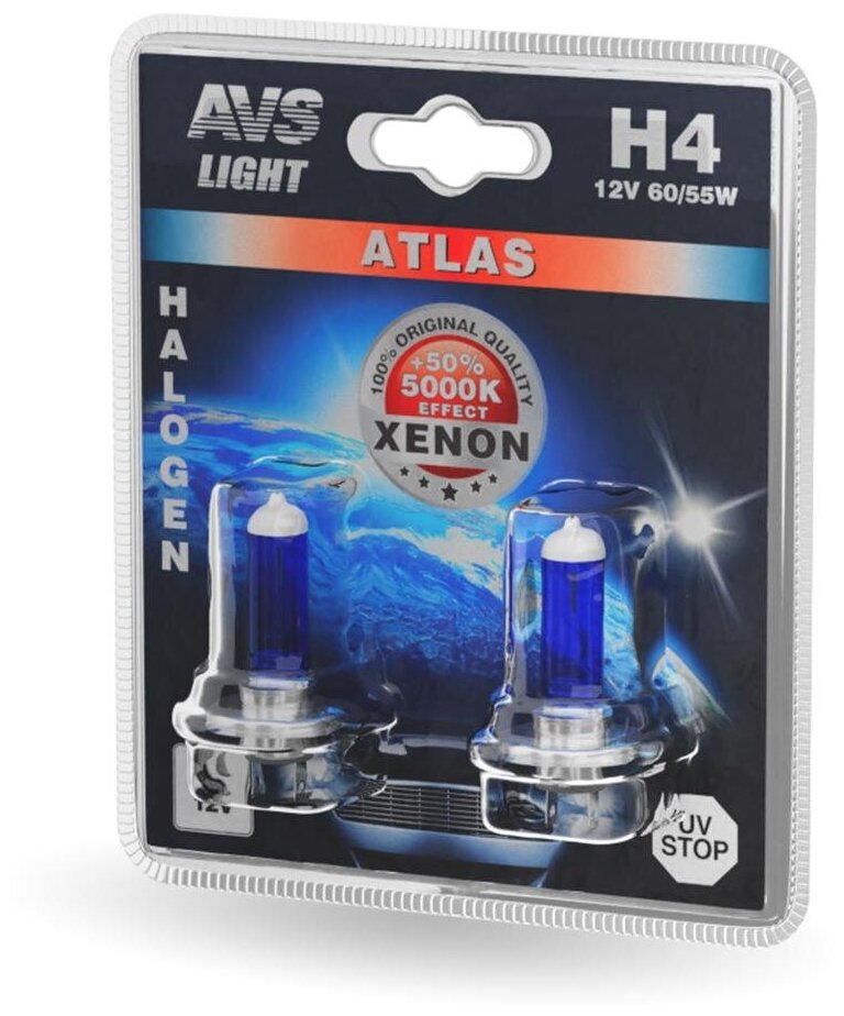 Лампа галогенная AVS ATLAS /5000К/ H4.12V.60/55W (блистер, 2 шт.)