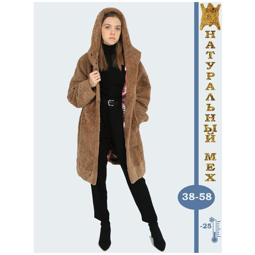 Пальто , овчина, удлиненное, оверсайз, размер 48-50, коричневый