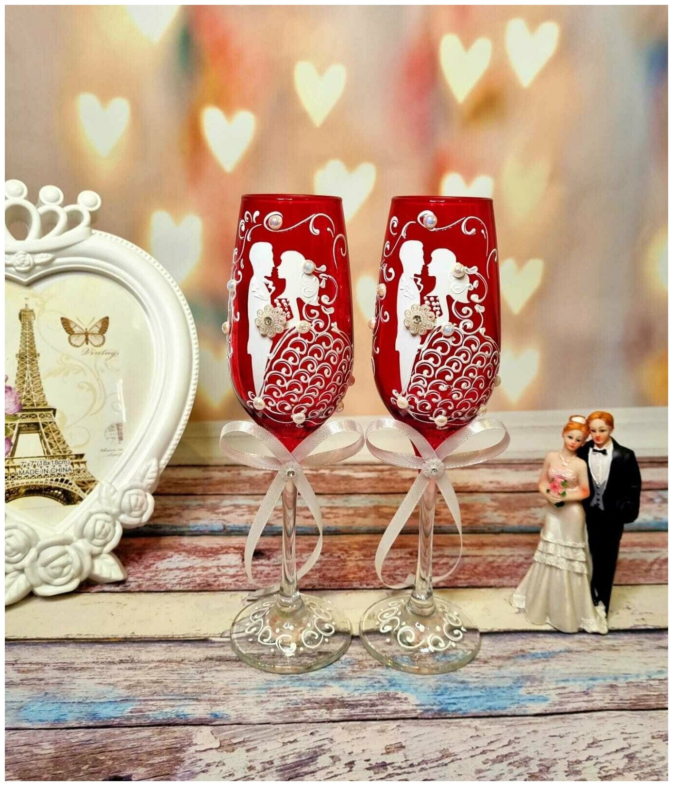 Свадебные бокалы "Нежность"в красном цвете/ фужеры для шампанского/бокалы молодоженов/бокалы на свадьбу/набор бокалов