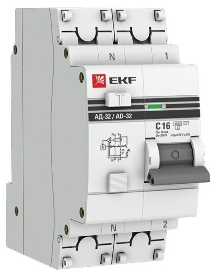 Дифференциальный автомат Ekf C 16А 10мА тип AC 4.5кА PROxima DA32-16-10-pro