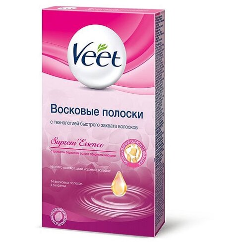 фото Veet Восковые полоски Suprem'Essence с ароматом бархатной розы и эфирными маслами для линии бикини и области подмышек 14 шт.
