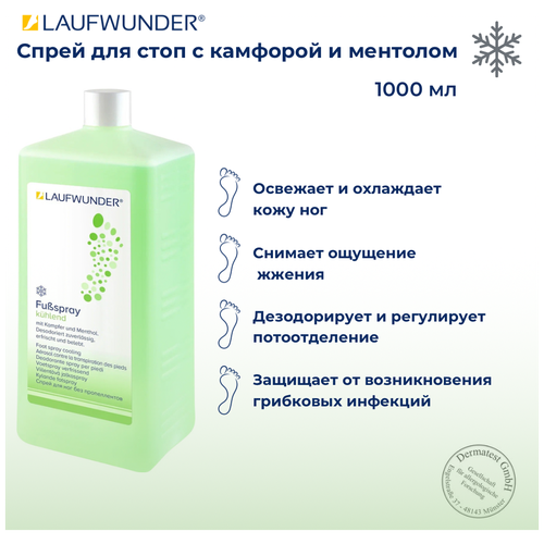 Laufwunder Спрей для для ухода за кожей ног и стоп с камфарой и ментолом, склонной к повышенному потоотделению, дезодорант для ног, охлаждающий, 1 л средства для ухода за ногами laufwunder спрей для для ухода за кожей ног и стоп склонной к повышенному потоотделению