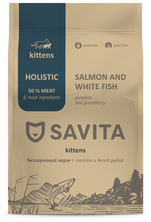 Беззерновой корм для котят с лососем и белой рыбой, 400 гр. Savita - фотография № 1