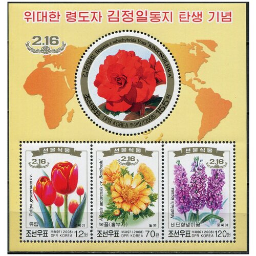 Кндр 2008. 66-й день рождения Ким Чен Ира. Цветы (MNH OG) Почтовый блок