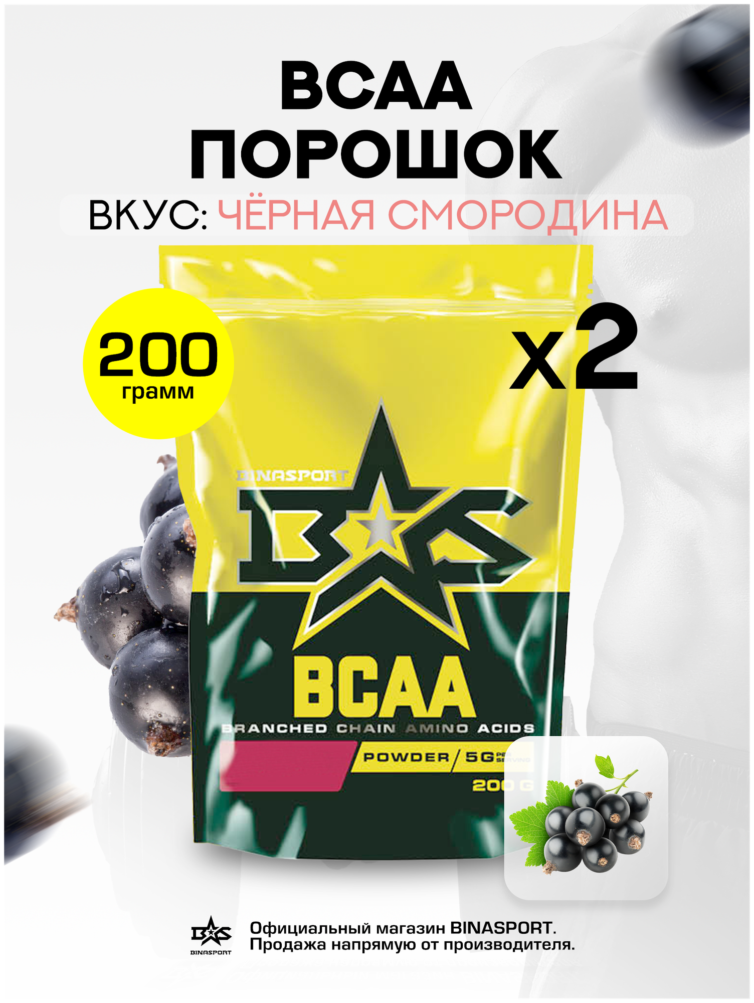 (2 УП х 200ГР) Аминокислоты Binasport "BCAA" БЦАА порошок 400 г со вкусом черной смородины