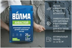 <b>Штукатурка</b> цементная волма Акваслой, трещиностойкая, армированная волокнами, 25кг «Волма-акваслой» -