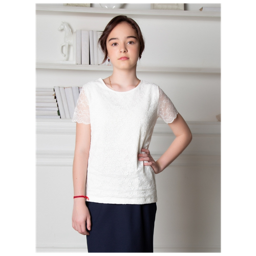 Блузка нарядная для девочки с коротким рукавом, для школы, для праздника / Белый слон 5457 (светло-бежевый) р.164