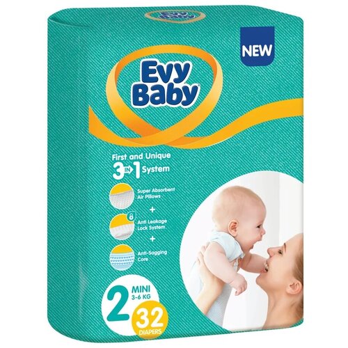 Подгузники Evy Baby Mini 3-6 кг (Размер 2/S), 32 шт