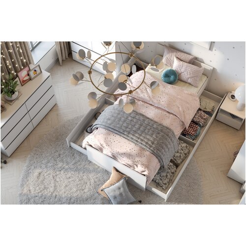 Односпальная детская кровать с выкатными ящиками (основание под матрас в комплекте), 90х200, Анкор светлый, Белый текстурный