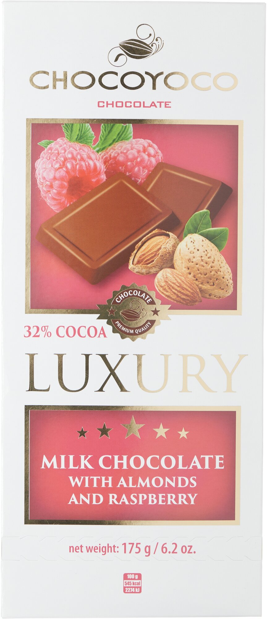 Молочный шоколад CHOCOYOCO LUXURY с малиной и миндалем 175г - фотография № 1