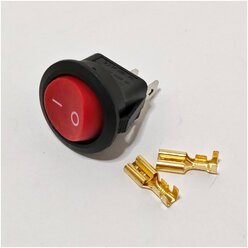 Выключатель клавишный круглый 250V 6А (2с) ON-OFF красный (комплект с клеммами и термоусадкой)