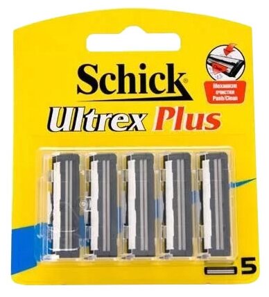 Сменные кассеты SCHICK ULTREX PLUS (5 сменных кассет) 2-лезв, увл. полоска, система очистки Push/Clean