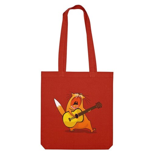 сумка кот с гитарой бежевый Сумка шоппер Us Basic, красный