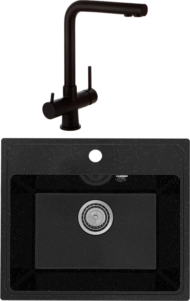 Комплект Мойка Practik PR-M 490-004 49x42, черный оникс, искусственный мрамор / Смеситель Veragio Milano 30636 матовый черный, черный матовый