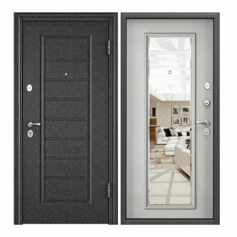 фото Дверь входная для квартиры Torex Flat-M 950х2050 правая, тепло-шумоизоляция антикоррозийная защита, замки 4го и 2го класса защиты, зеркало, черный