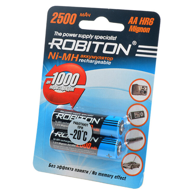 Ni-Mh аккумуляторы ROBITON 2500MHAA-2 BL-2 8793, 1.2В, 2500мАч, размер АА (HR6), металлогидридные, 2шт в упаковке