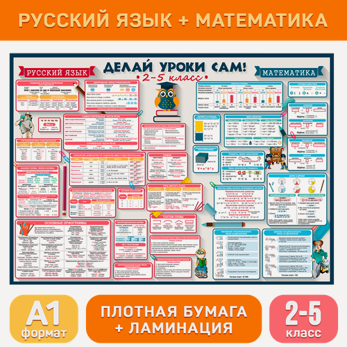 Изображение товара Обучающий плакат А1 «Русский язык и математика (2-5 класс)» для начальной школы, Делай уроки сам!