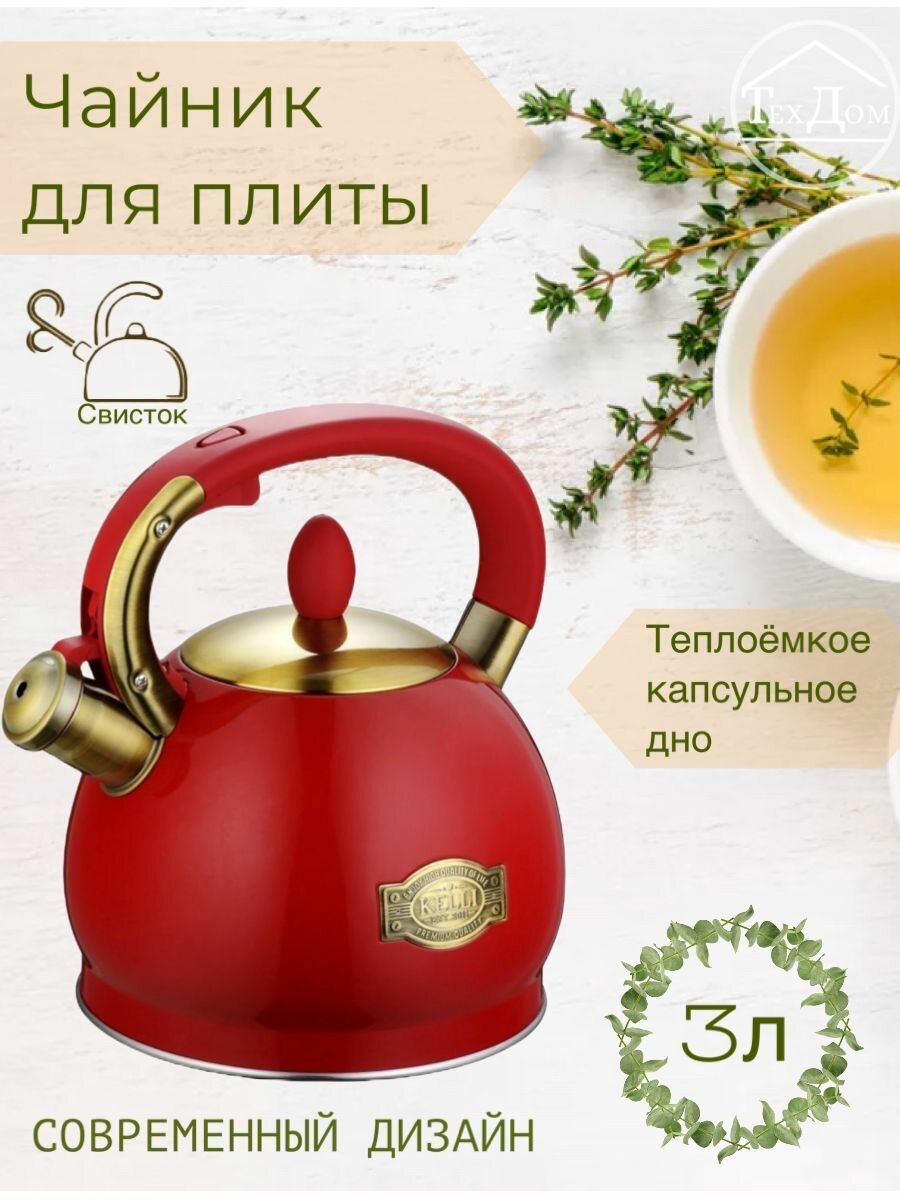 Чайник металлический на газ красный 3л KL-4556