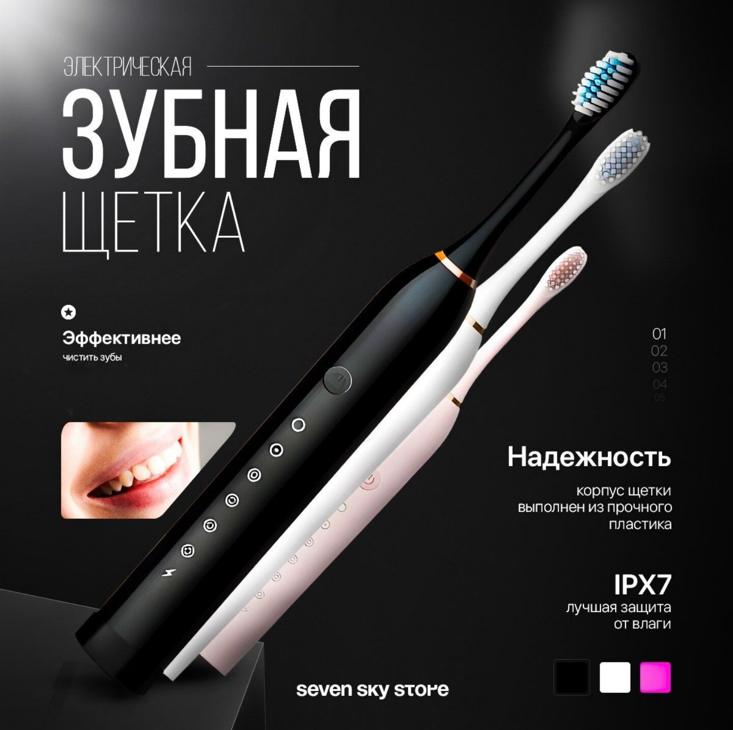 Картинки Электрическая зубная щетка IPX-7, цвет розовая. Для взрослых и детей 6 уникальных режимов и 4-мя насадками.