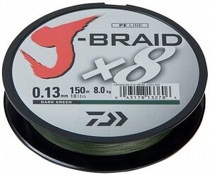 Плетеный шнур DAIWA J-Braid X8 d=0.13 мм, 150 м, 8 кг, зеленый