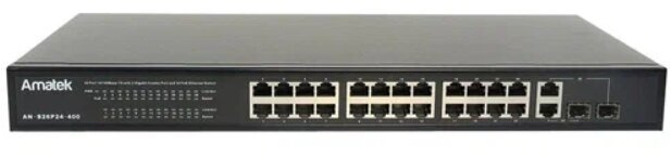 Коммутатор Amatek AN-S26P24 24 порта (100Мбит/с, RJ45, PoE+), 2 порта (1000Мбит/с, RJ45), 1 слот SFP