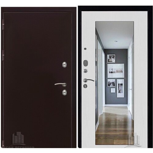 дверь входная термо s 3 2050 × 860 мм левая цвет антик медь тёмный орех Входная дверь для дома термо 3, внутренняя панель с зеркалом 1001 MAXI, цвет снежная королева, размер по коробке 888х2052, левая