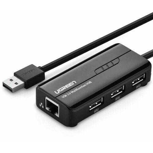 Адаптер UGREEN (20264) USB 2.0 10/100Mbps Network Adapter + 3-портовый USB-A чёрный