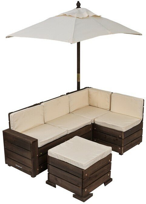 Набор садовой мебели для детей (секционный диван пуф-стол зонт) бежево-коричневый