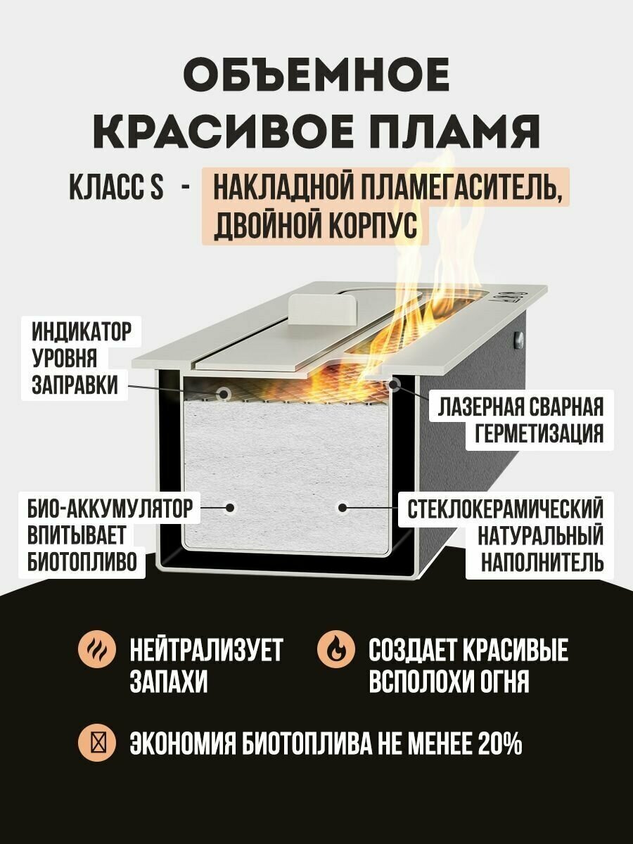 Встраиваемый глухой биокамин LuxFire, 530 мм, черный, защита от протечек, накладной пламегаситель, от 18 м2. - фотография № 2