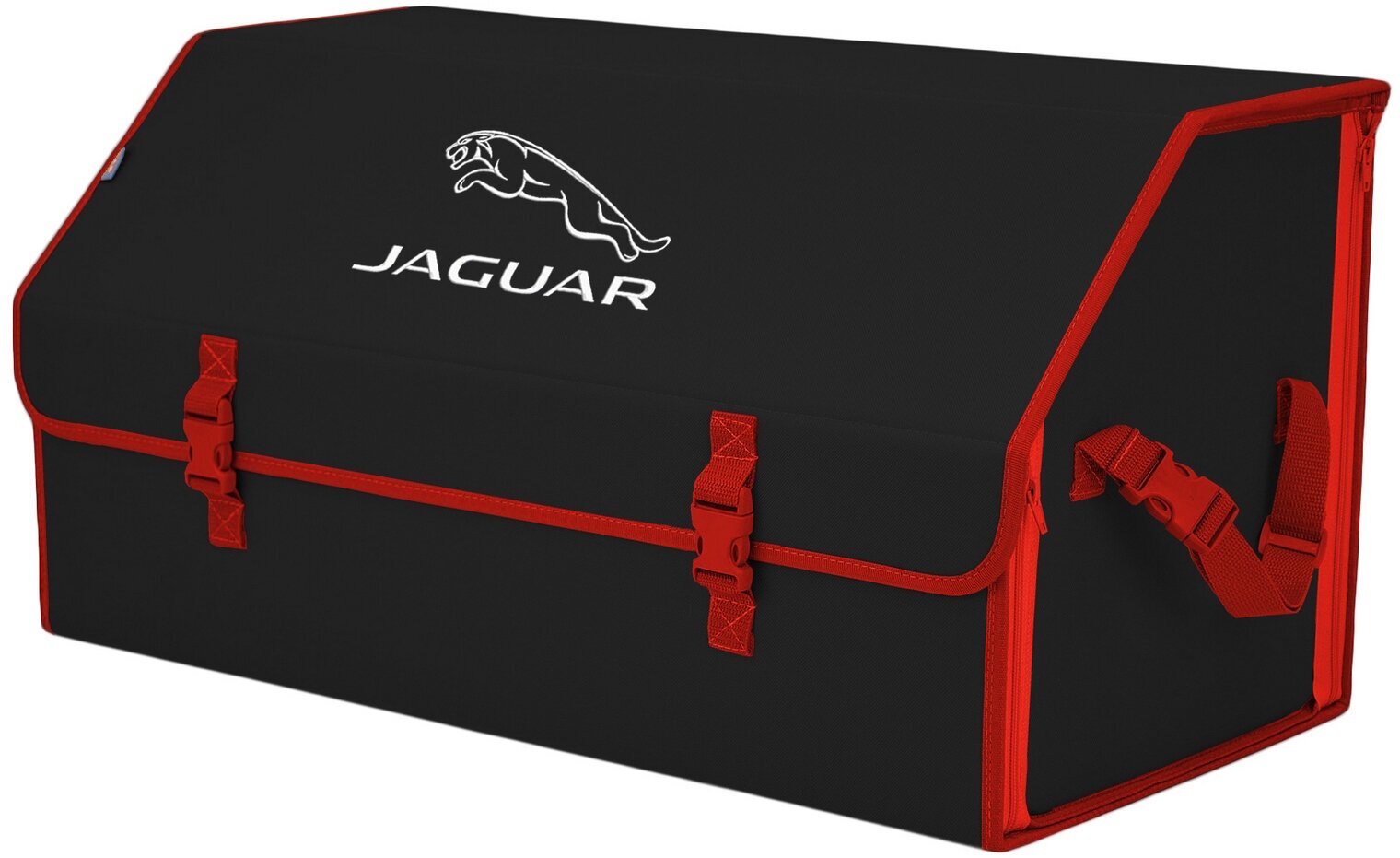 Органайзер-саквояж в багажник "Союз" (размер XL Plus). Цвет: черный с красной окантовкой и вышивкой Jaguar (Ягуар).