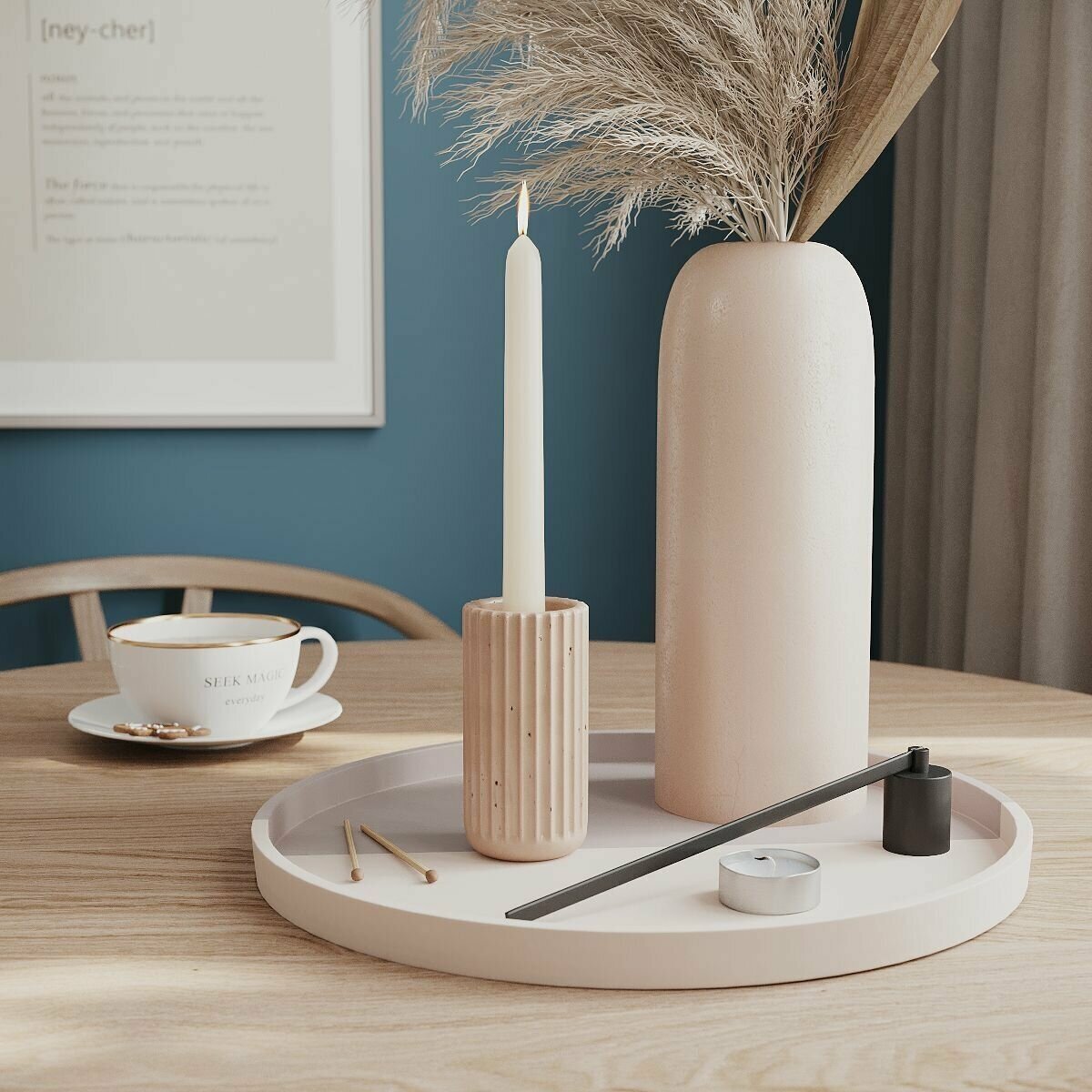 Подсвечник Chloe Slim M, 5.5х10 см, для столовых и чайных свечей (1 шт.), бетон, розовый глянцевый - фотография № 2