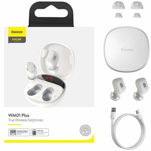 наушники tws baseus encok true wireless earphones w04 белый Беспроводные наушники Baseus Encok True Wireless Earphones WM01 Plus White (NGWM010002)