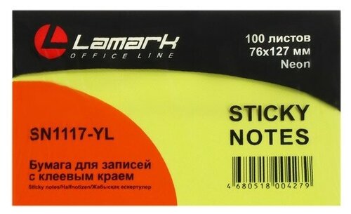Блок с липким краем Lamark Neon, 127 × 76 мм, 100 листов, ярко-желтый, 12 штук
