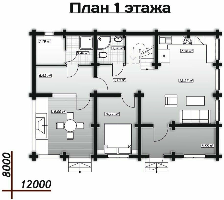 Готовый проект дома и бани из оцилиндрованного бревна / Двухэтажный / 140,28 м2 - фотография № 2