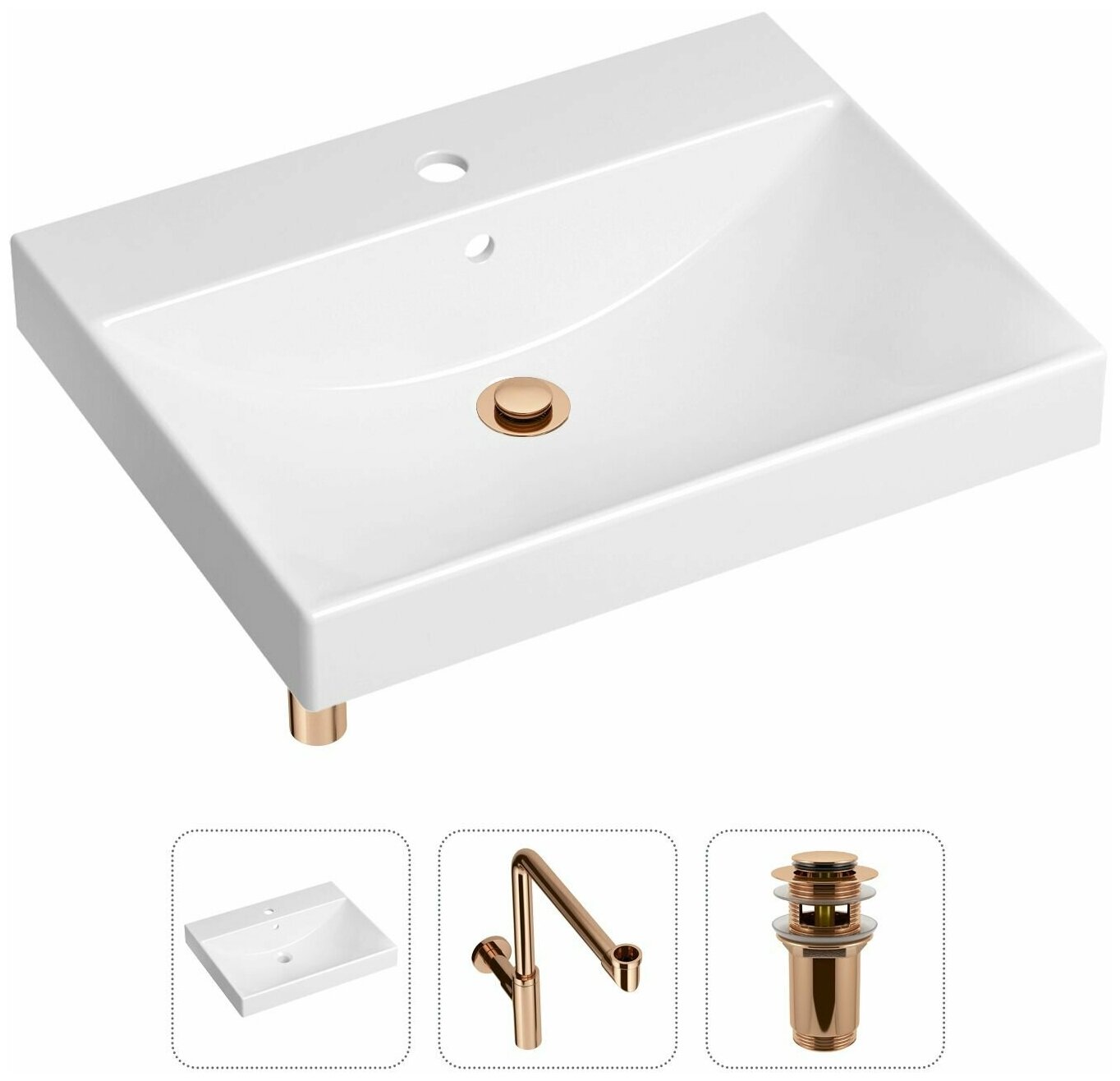 Врезная раковина в ванную Lavinia Boho Bathroom Sink 21520592 в комплекте 3 в 1: умывальник белый, донный клапан и сифон в цвете розовое золото