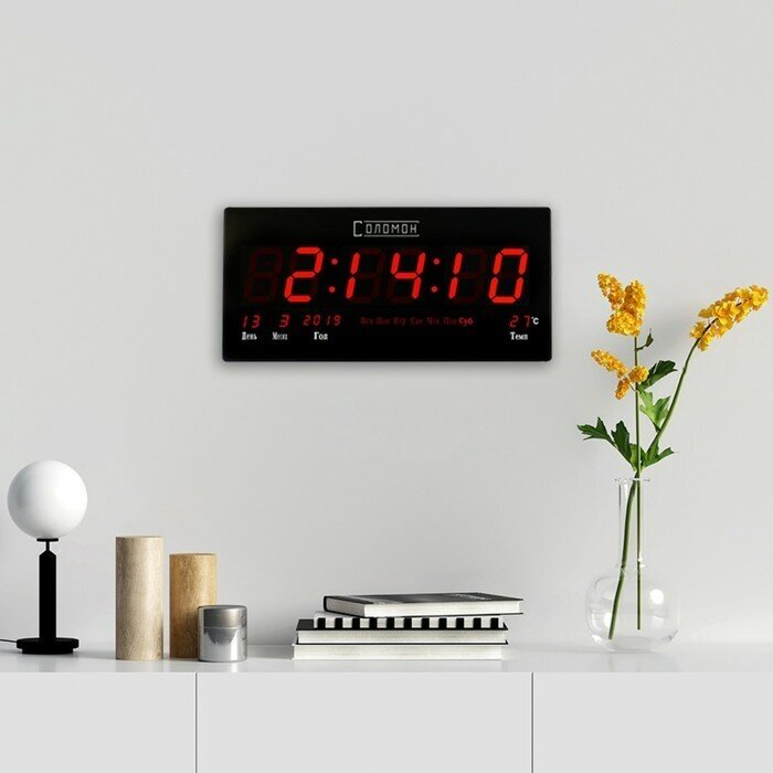 Часы электронные настенные "Соломон": термометр, календарь, 21.5 х 45.5 см, красные цифры - фотография № 2