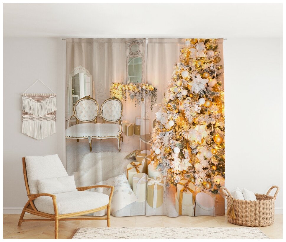 Фотошторы "Новогодний интерьер" 145х26м комплект 2шт шторы для спальни гостиной кухни в подарок на новый год