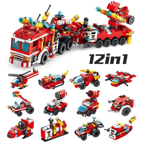 Конструктор для мальчика пожарная техника 12 в 1 из 557 деталей/Большой автомобильный конструктор пожарная машина конструктор 12 в 1 пожарная машина для мальчика