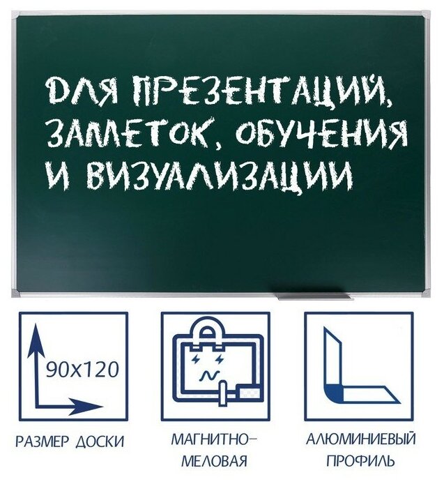 Доска магнитно-меловая, 90х120 см, зелёная, Calligrata стандарт, в алюминиевой рамке, с полочкой